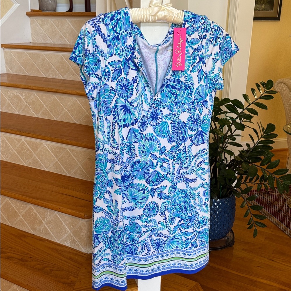Lilly Pulitzer UPF 50+ Sophiletta Dress, Turquoise Oasis Shell Me You Love Me, L - Picture 2 of 14